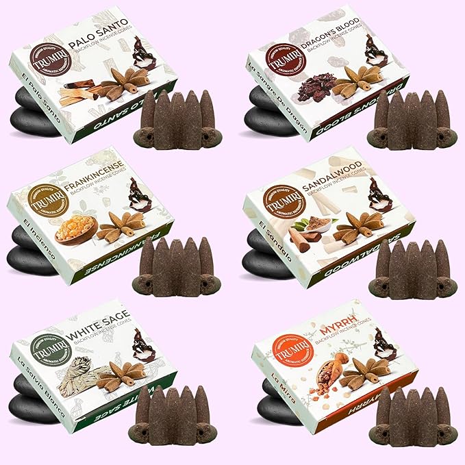 Woody - Backflow Incense Cones for Waterfall - Scented Inscents-Cones - Sandalwood, Dragons Blood, Palo Santo, White Sage - Insiensos Aromaticos - 6x10=60 Large Variety Pack - Back Flow Down Reverse TRUMIRI