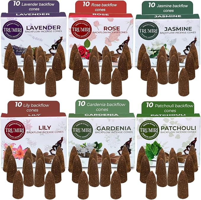 Floral - Backflow Incense Cones for Waterfall - Scented Inscents-Cones - Lavender, Jasmine, Rose, Patchouli, Lily, Gardenia - Insiensos Aromaticos - 6x10=60 Large Variety Pack