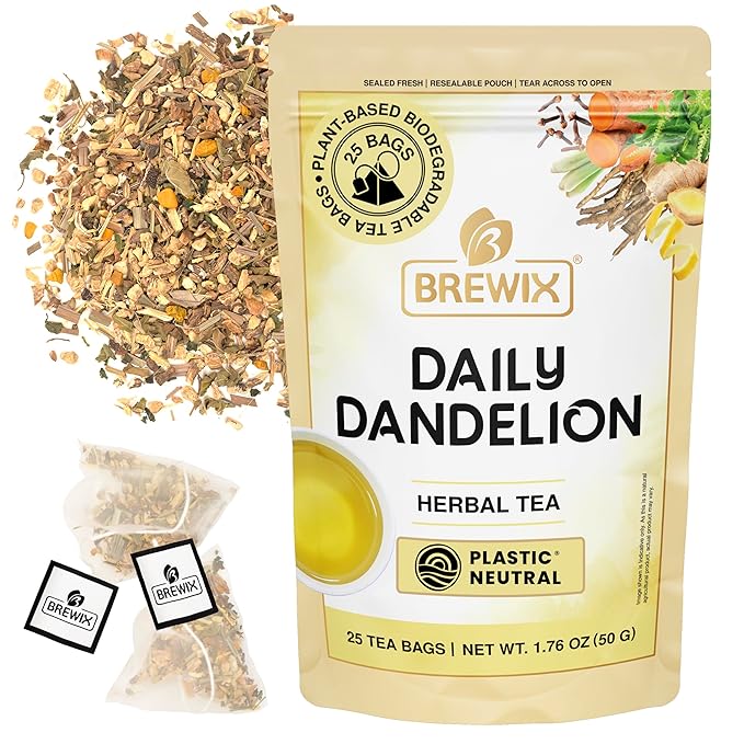 BREWIX, Dandelion Root Detox Tea (25 Pyramid Tea Bags) Caffeine-Free Herbal Blend with Ginger, Tulsi & Turmeric | Supports Liver Health & Gentle Cleanse | Natural & Refreshing | Direct from Source - Bloomnest