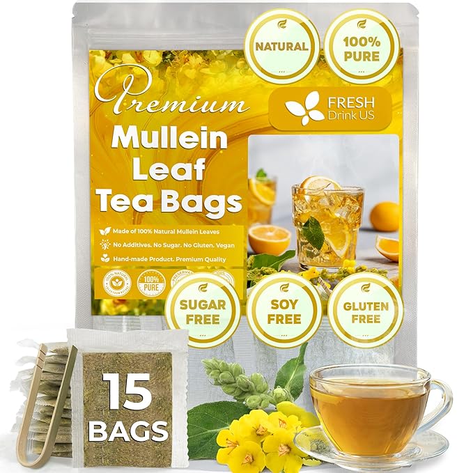 FreshDrinkUS, Premium 15 Mullein Leaf Tea Bags For Lung, 100% Natural & Pure from Mullein Leaves. Loose Leaf Mullein Herbal Tea. Made with Natural Material Tea Bags. No Sugar, No Caffeine, No Gluten, Vegan. - Bloomnest