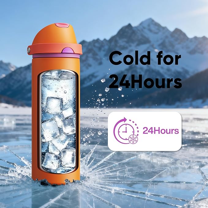 Insulated Water Bottle with Straw - Encool Stainless Steel Water Bottle with Push Button Lid, Leak-Proof & BPA-Free, Keeps Cold for 24 Hours for Sports, Travel, Gym (24 oz, Tiger Eye) ENCOOL