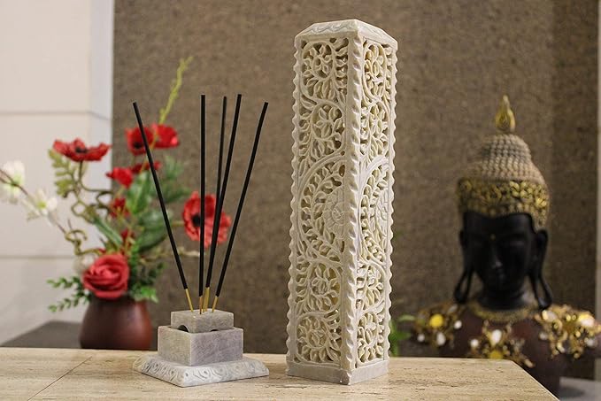 Carry Me Handmade Marble Soapstone Incense Stick Burner | Candle Stick Holder | Tea Light Burner - Perfect Floral Carving for Gifting. Decorative Home and Kitchen Decor (3 x 3 x 11 Inches) - Bloomnest