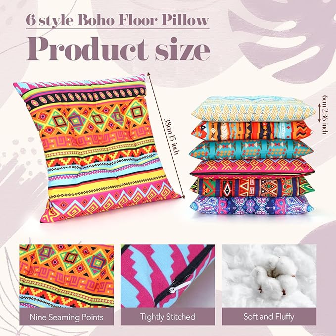 Menkxi 6 Pcs Bohemian Floor Pillows Seating 15 Inch Boho Floor Cushions Sitting Pillows Square Yoga Mandala Meditation Pouf for Living Room Balcony Office Tatami(Stylish) - Bloomnest
