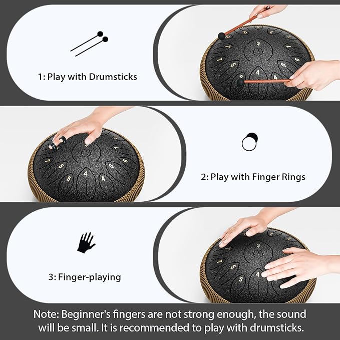 Steel Tongue Drum 12 Inch 15 Notes, Steel Drums Instruments for Kids Adults, Hand Pan Drum with Music Book, Drum Mallets and Carry Bag, Handpan C Major, Black - Bloomnest