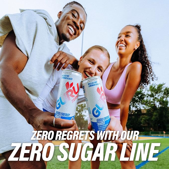 GURU ZERO SUGAR Wild Ice Pop Organic Energy Drinks, Clean Energy Drink with Plant Based Natural Caffeine from Green Tea, Coconut Water, Prebiotic, Zero Added sugars, Gluten Free and Vegan, Pre Workout, Healthy Drinks, 12oz (Pack of 24) - Bloomnest