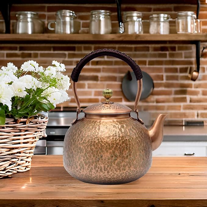 YJX Copper Tea Kettle For Stovetop, Japanese Style Non-Coating Pure Copper Teapot with Stainless Steel Infuser For Loose Tea, Large and Solid Tea Pot For 3-7 Cups (2000ml) - Bloomnest