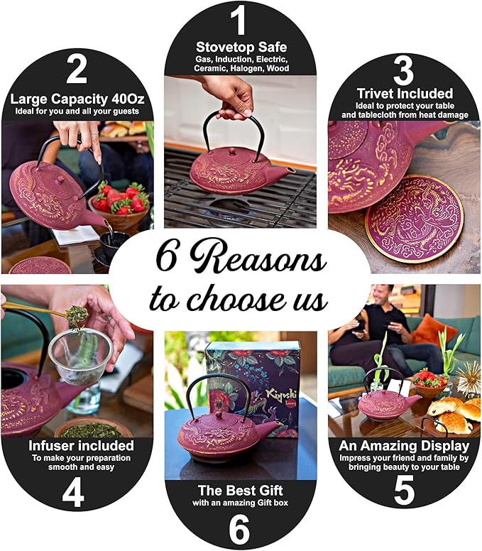 Large Cast Iron Tea Kettle Set - 40oz/1200ml Japanese Teapot with Infuser & Matching Trivet - Tetsubin Iron Tea Pot Japanese Style with Enamel Interior - Handcrafted Dragon Teapot Humidifier - Purple