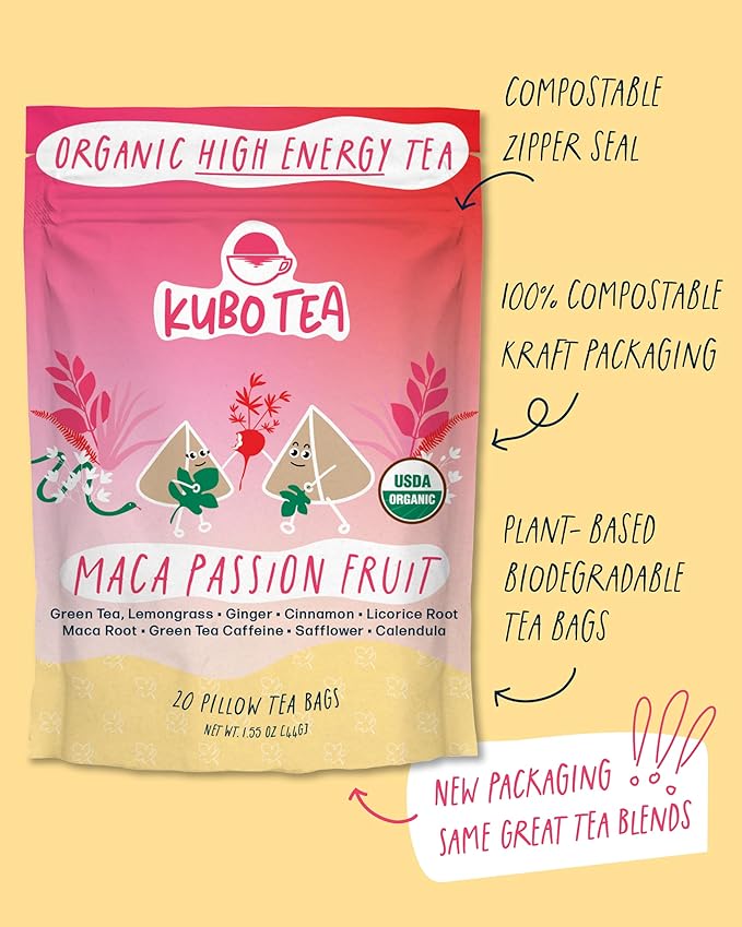 Kubo Tea Organic Maca Passionfruit Tea - High Caffeine Maca Root Coffee Substitute with 20 Servings (140mg Caffeine each) - Plant Based Pillow Tea Bag - Compostable Kraft and Biodegradable Packaging - Bloomnest