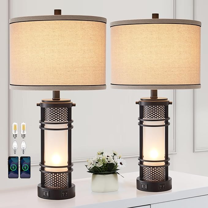 Set of 2 Modern Table Lamps for Living Room, Contemporary Nightstand Lamp with Dual USB Port, Bedside Lamps with White Frosted Glass Night Light for Bedroom, 4 Bulbs Included (Black) - Bloomnest