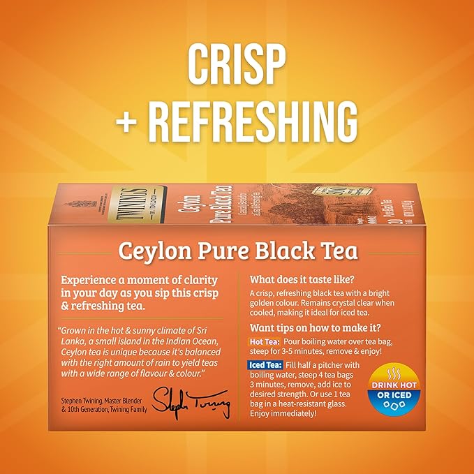 Twinings Ceylon Pure Black Tea Individually Wrapped Bags, 20 Count (Pack of 6), formerly Ceylon Orange Pekoe, Crisp, Refreshing, Caffeinated, Enjoy Hot or Iced, 120 Teabags - Bloomnest