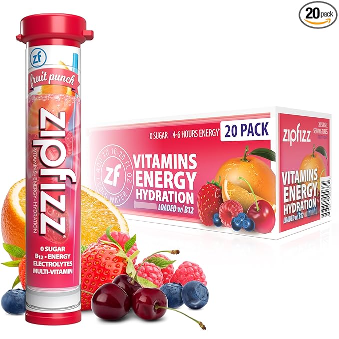 Zipfizz Daily Energy Drink Powder, Fruit Punch, 20 Pack 3-in-1 Sustained Energy, Rapid Hydration, and Essential Vitamins Sugar-Free Electrolyte Powder Contains Vitamin B-12 & Antioxidants - Bloomnest