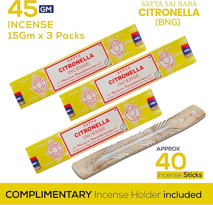 Satya Nagchampa Citronella Incense Sticks, Satya Bng (Bangalore) Insenses 15gmx3 Pack (45 GMS) with Raajsee Incense Holder Bundle, Satya Nagchampa Natural Incense - Bloomnest
