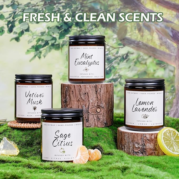 Scented Candles Set | Scented Candle for Home - 4 Pack Candle Gifts, Soy Candles for Home - Aromatherapy Gift of Mint Eucalyptus/Lemon Lavender/Sage Citrus/Vetiver Musk - Bloomnest