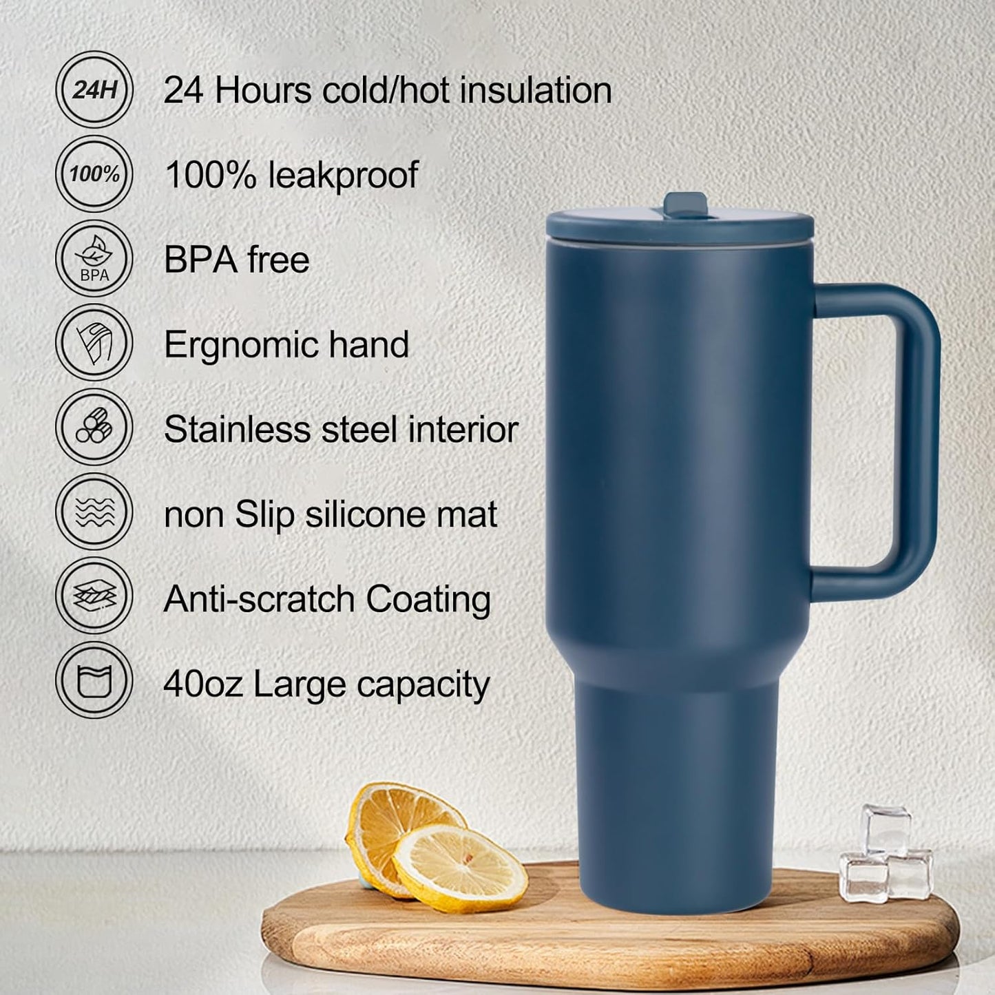 40 oz Insulated Tumbler with Handle,Flip Straw,Lid & Rubber Base Stainless Steel Water Bottle - Leak Proof Vacuum Insulated Mug BPA Free Reusable Travel Cup Gifts for Women/Men (Darkblue 40oz)