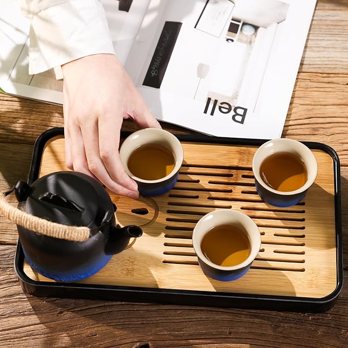 LURRIER Gongfu tea sets, Portable Ceramic TeaSet, Asian Tea sets for adult, Tea Gift sets, Grey leather case, Portable Travel Bag,Home,Gifting,Outdoor and Office(Black and Blue) - Bloomnest