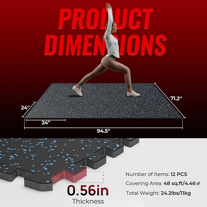 SUPERJARE 0.56'' Thick 12 Pcs 48 Sq Ft Rubber Top Exercise Equipment Mats, High Density EVA Foam Mats with Rubber Top, Interlocking Gym Flooring for Home Gym, Protective Workout Mat, Black/Blue - Bloomnest