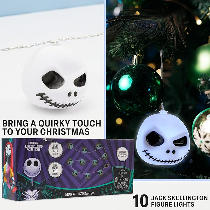 Disney The Nightmare Before Christmas LED String Lights for Kids, Teens, Adults, 10 Jack Skellington 65” Fairy Lights, Gifts for Kids (White Nightmare Before Christmas) - Bloomnest