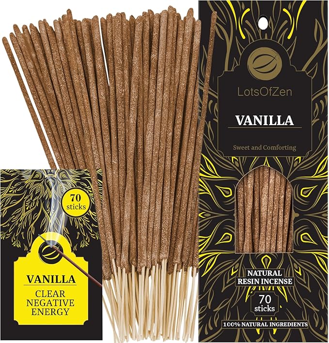 Vanilla Incense Sticks, 70 Pack – Hand-Rolled, 8-Inch Long, Long-Burning – Natural Vanilla Aroma for Meditation, Relaxation, and Calm Home Atmosphere LotsOfZen