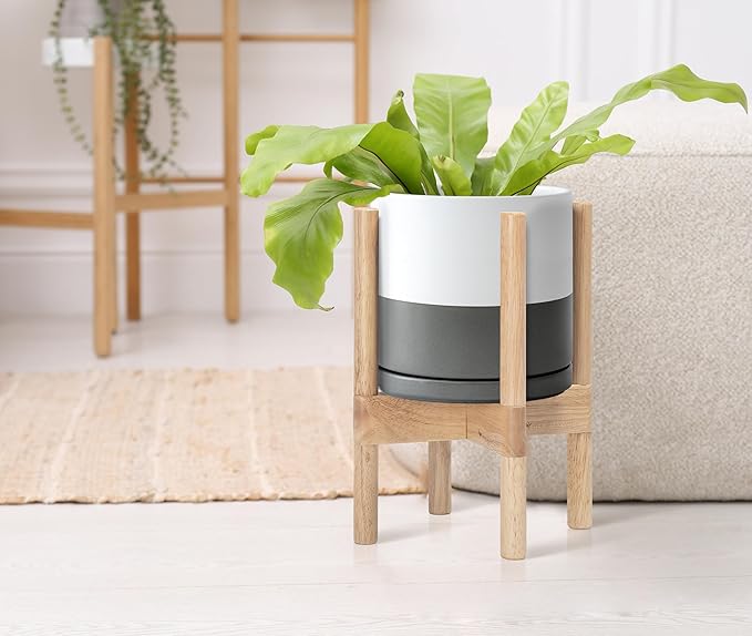 D'vine Dev Ceramic Planter with Natural Stand - 8 Inch Modern Round Flower Pot with Wood Planter Holder, White/Grey, 55-B-N-6 - Bloomnest