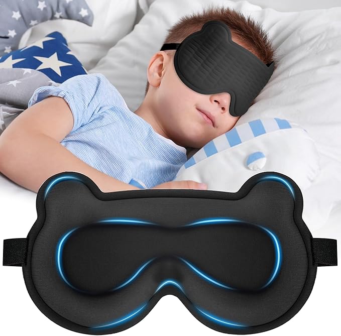 3D Kids Sleep Mask – Cute Bear Eye Mask for Sleeping, Comfortable Memory Foam Sleep Mask for Kids, Adjustable Strap and Lightweight Sleeping Mask for Boys Girls Teens Ages 5-15 (Black) - Bloomnest