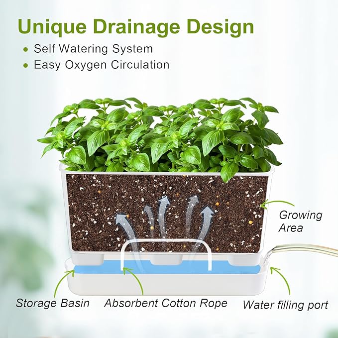 10 Inch Self Watering Planters for Indoor Plants: 2 Packs Rectangular Plant Pots with with Drainage and Tray, Window Pot Self Watering Planter for Herb, Houseplants - Bloomnest