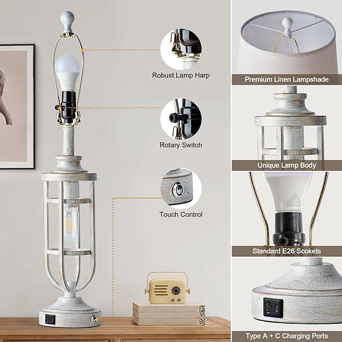 28" Table Lamps for Living Room Set of 2, Farmhouse Touch Lamps for Nightstand with USB A+C, Vintage Bedside Lamps for Bedroom End Tables, Bulbs Included - Bloomnest