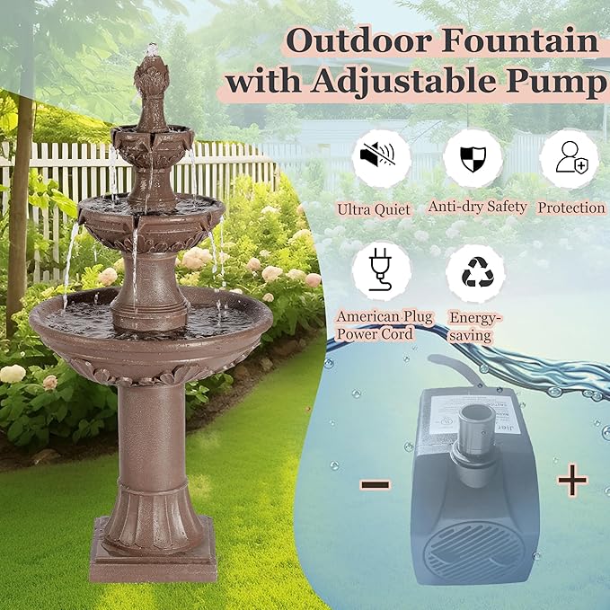 MAGIC UNION Outdoor Garden Water Fountains, 48.4''H Italian Style Fountain and Waterfall Outside, 3-Tier Large Bubbler Cascading Indoor Floor Fountain Features with Pump for Home Yard Decor (Brown) - Bloomnest