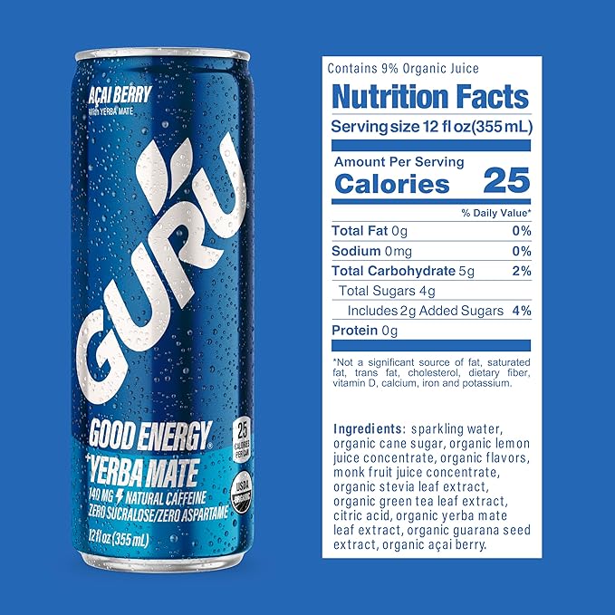 GURU Organic Energy Drinks Variety Pack, Clean Energy Drink with Plant Based Natural Caffeine from Green Tea, Gluten Free and Vegan, 140MG Caffeine, Healthy Drinks, 12 oz (Pack of 12) - Bloomnest