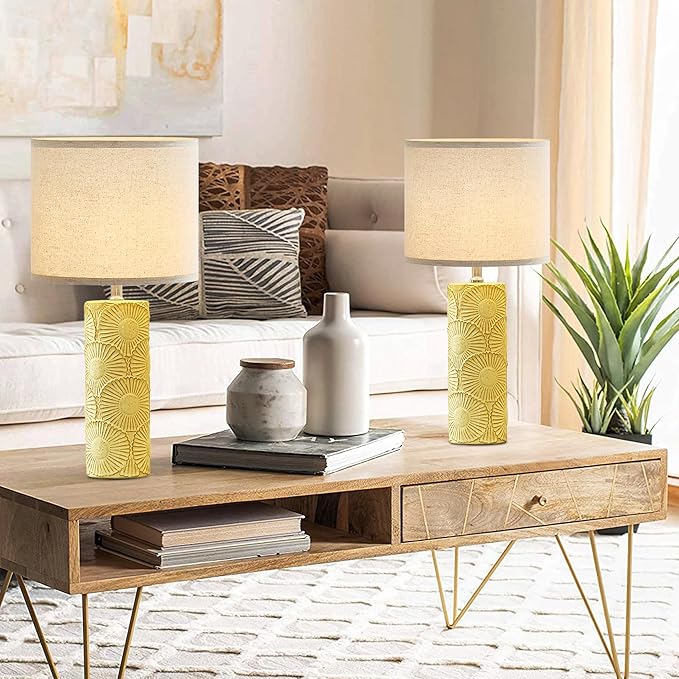 25.25" Ceramic Lamps Set of 2 for Living Room, Bedroom, Yellow Flower Table Lamps Set of 2 for Buffet, Ceramic Bedroom Lamp for Nightstand, Farmhouse Lamp for Console Table, Credenza - Bloomnest