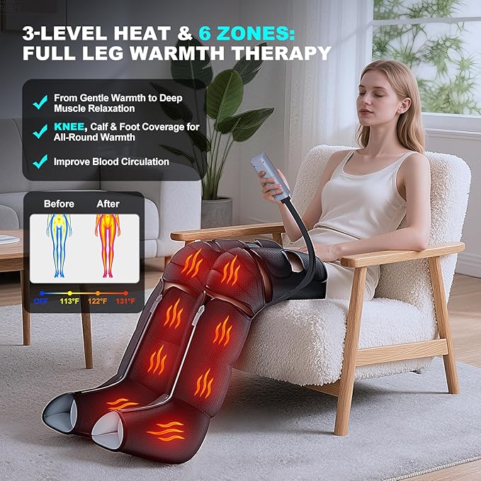 Leg Massager with Heat and Compression, Foot Massager for Circulation and Pain Relief, 3 Timers, 12 Intensity, 6 Modes,3 Heating with Knee Massager - Bloomnest
