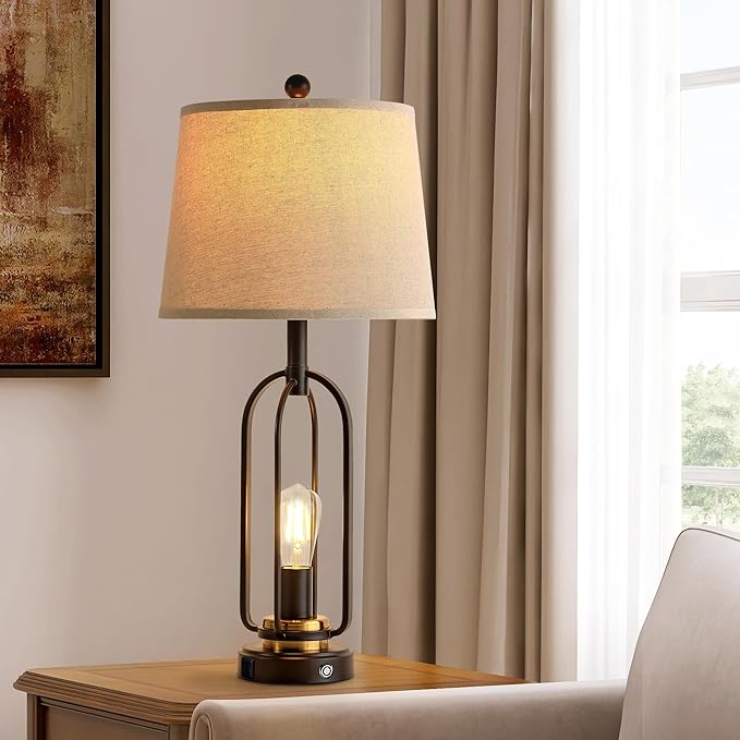 Farmhouse Table Lamps for Living Room Set of 2, 28.5" Tall Rustic Table Lamps with USB Ports, 3-Way Dimmable Vintage Bedside Lamps for Bedroom Nightstand, Bulbs - Bloomnest