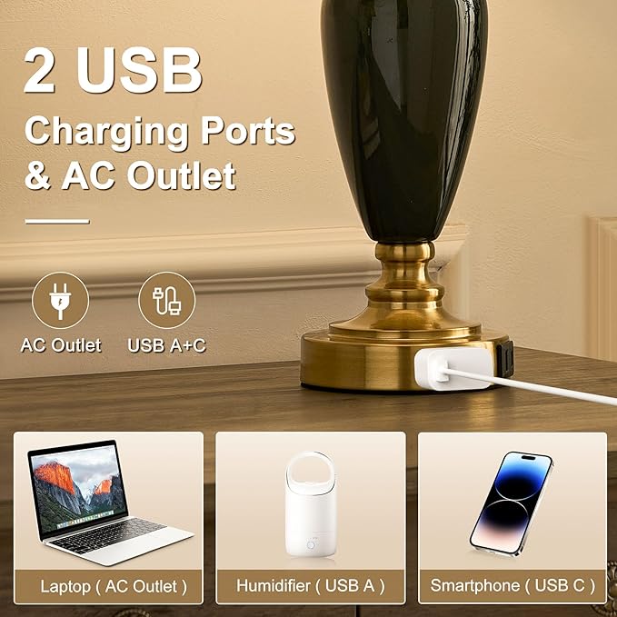 24" Ceramic Table Lamp with 3 Way Dimmable Touch Lamps - 2 USB Ports & AC Outlet Bedside Lamps, Modern Nightstand Lamp for Bedroom Living Room Office (Bulb Included) (Dark Green-2 Pack) - Bloomnest