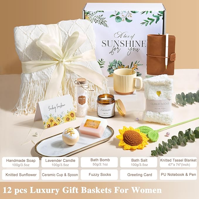 Gifts for Women, Best Friend Birthday Gifts, Get Well Soon Self Care Package Box, Sending Sunshine Sunflower Basket, Thinking of You Inspirational Christmas Gifts for Mom Her Sister Wife - Bloomnest