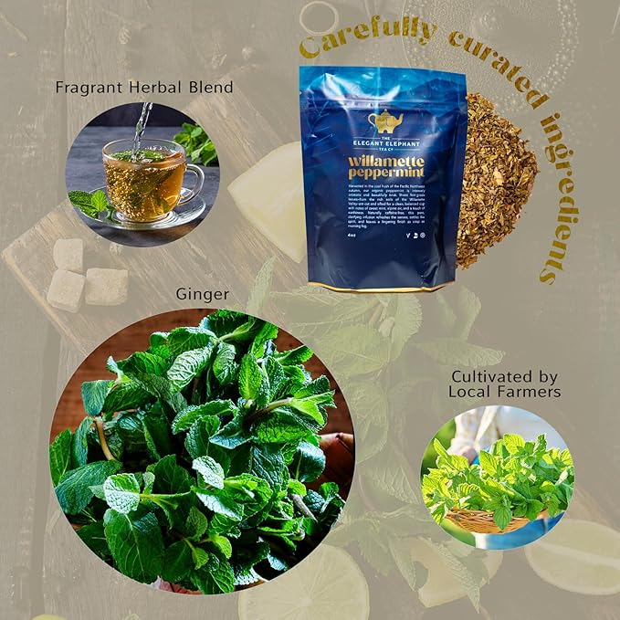 Willamette Peppermint Tea, Organic Loose Leaf Mint Herbal Tea – Soothing, Caffeine-Free – Refreshing Hot or Iced – 4 oz Resealable Bag (Makes 50 Cups) – The Elegant Elephant - Bloomnest