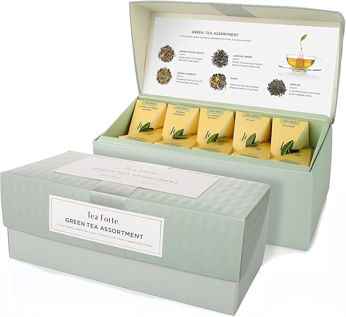 Tea Forte Assorted Green Tea Presentation Box Tea Gift Set Sampler, 20 Count, 2 of Each Variety Individually Wrapped Handcrafted Pyramid Infuser Bags - Bloomnest