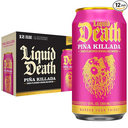 Liquid Death Soda-Flavored Sparkling Water - Piña Killada (Classic Piña Colada), Less Sugar*, Huge Flavor, No Caffeine, No Artificial Sweeteners, 12 Fl Oz (Pack of 12) - Bloomnest
