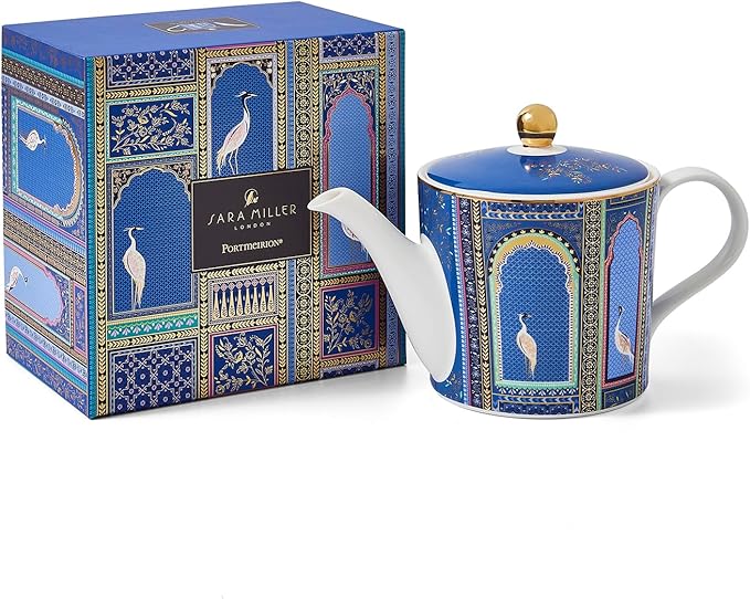 Sara Miller London India Lattice Windows Teapot - Fine China Indigo Teaware with Cranes & Gold Detailing - 37 oz Elegant Teapot for Afternoon Tea & Gifting Set, Service for 2 - Great for Brunch - Bloomnest