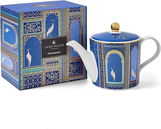 Sara Miller London India Lattice Windows Teapot - Fine China Indigo Teaware with Cranes & Gold Detailing - 37 oz Elegant Teapot for Afternoon Tea & Gifting Set, Service for 2 - Great for Brunch - Bloomnest