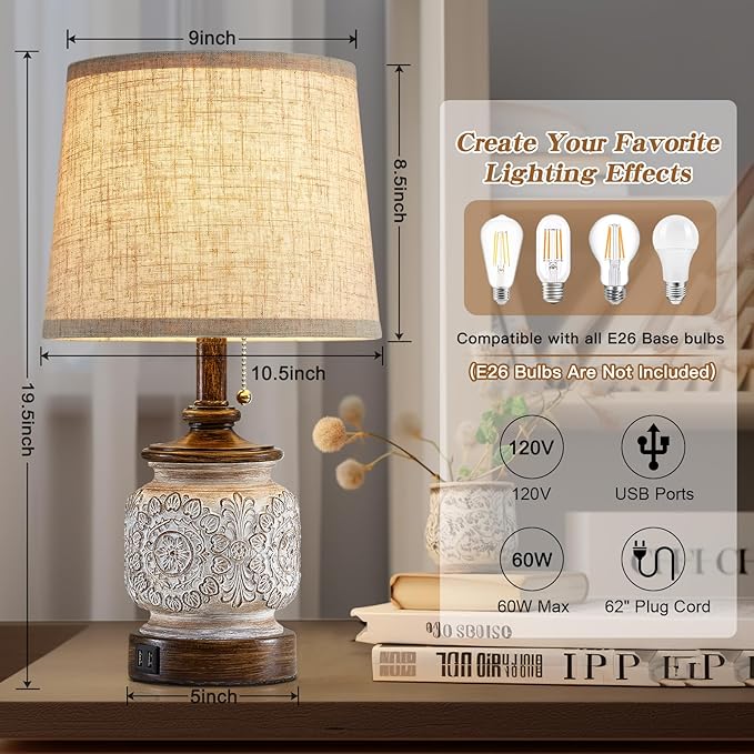 19.5" Farmhouse Bedside Table Lamps Set of 2 Rustic Lamps for Nightstand Bedroom with USB Ports Vintage Traditional White Carved Floral Night Light Lamps for Living Room End Tables Decor - Bloomnest
