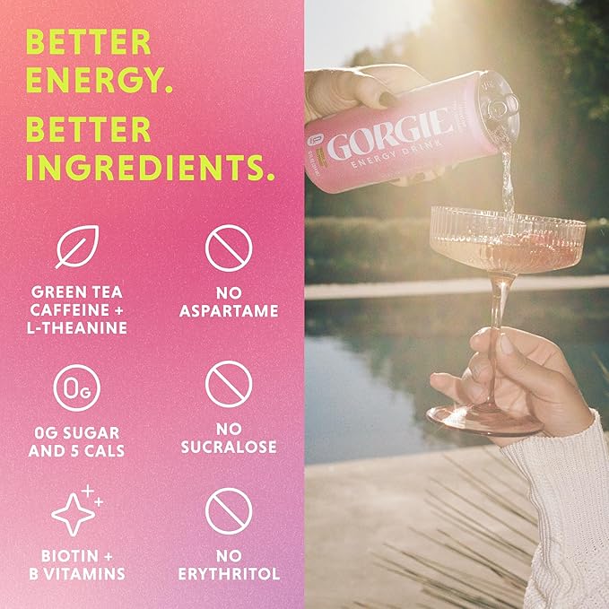 GORGIE Sugar-Free Natural Energy Drinks, Pink Lemonade (12 Pack) - Healthy Energy Drink - Natural Coffee Replacement with Green Tea Caffeine and Biotin, 150mg Caffeine, Vegan, Low Calorie - Bloomnest