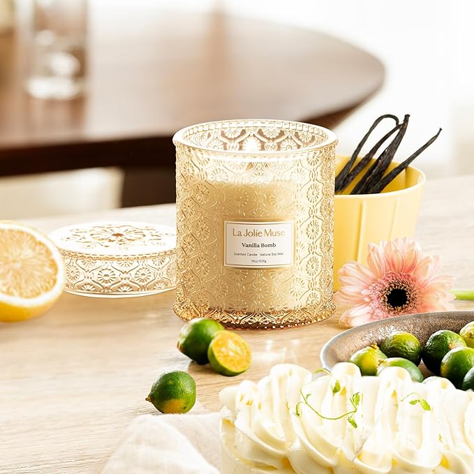 LA JOLIE MUSE Vanilla Bomb Candle| Vanilla, Lemon Zest & Patchouli |19 oz Large Wooden Wick | Natural Soy Wax | 90 Hours Clean Burn | Gift-Ready for Hosts | Seasonal Home Décor - Bloomnest
