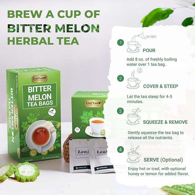 LeafLea 80 Bitter Melon Tea Bags, Premium Dried Momordica Charantia (Melon Amargo, Gohyah) Herbal Fruit Tea | Supports Wellness and Digestion | Caffeine-Free, Sugar-Free, Vegan, Pack of 2 - Bloomnest