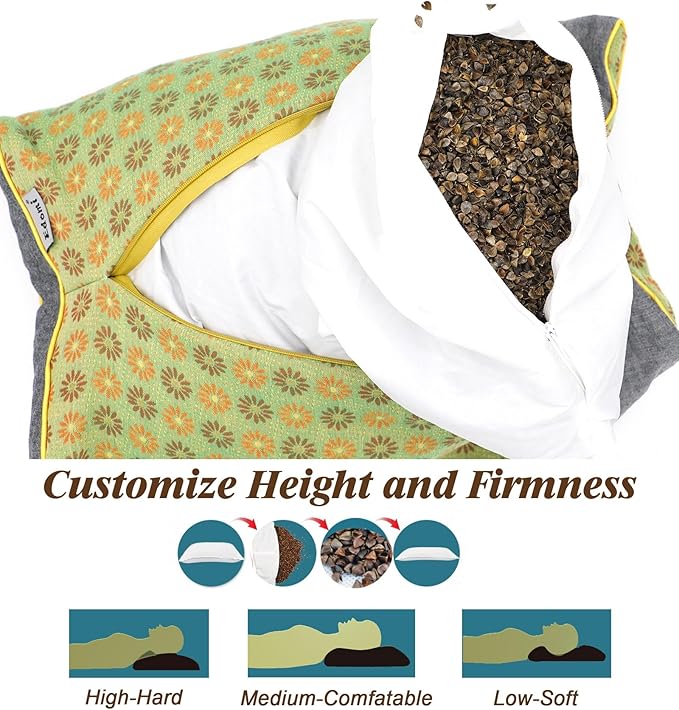 Buckwheat Neck Pillow Medium Firm, Buckwheat Hull Flat Pillows for Sleeping, Adjustable Hard Pillows for Back Side Sleeper Neck Support (18x10 Inch, LemonYellow)