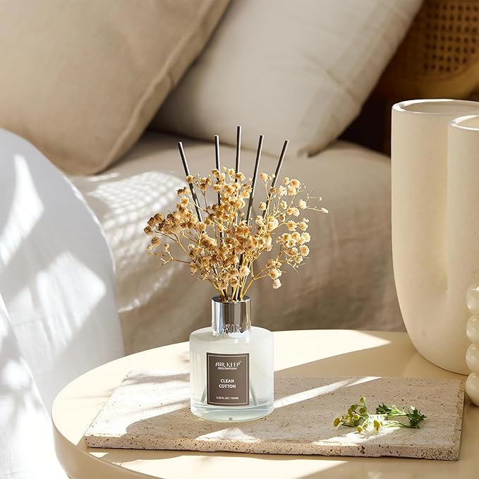 Airkeep Reed Diffuser Set,3.38 fl oz (100 ml) - Clean Cotton Oil Diffusers with 8 Reed Sticks, Home Fragrance Reed Diffuser for Bathroom Shelf Decor