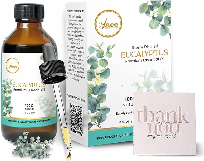 My Ace Eucalyptus Essential Oil – 100% Pure & Natural, Steam-Distilled, Undiluted Oil for Diffuser, Aromatherapy, Massage, Candle & Soap Making – Amber Glass Bottle with Dropper – 4 fl oz MyAce