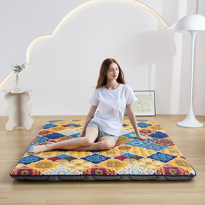 Japanese Floor Mattress Twin, Anti-Slip Japanese Futon Foldable Tatami Mat for Guests, Boho Orange Checkered - Bloomnest