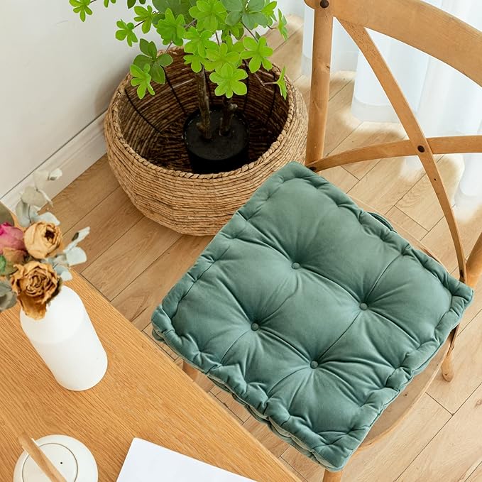 Square Floor Cushion, 15" Soft Velvet Floor Seating Pillow Cushion with Handle Thicken Decorative Floor Pillow Cushion for Yoga Living Room Balcony Outdoor Bedroom Tatami, Dark Green - Bloomnest