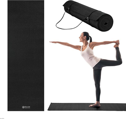 Gaiam Essentials Thick 2/5" (10mm) and Thin 1/4" (6mm) Yoga & Pilates, Fitness & Exercise Mat with Easy-Cinch Carrier Strap
