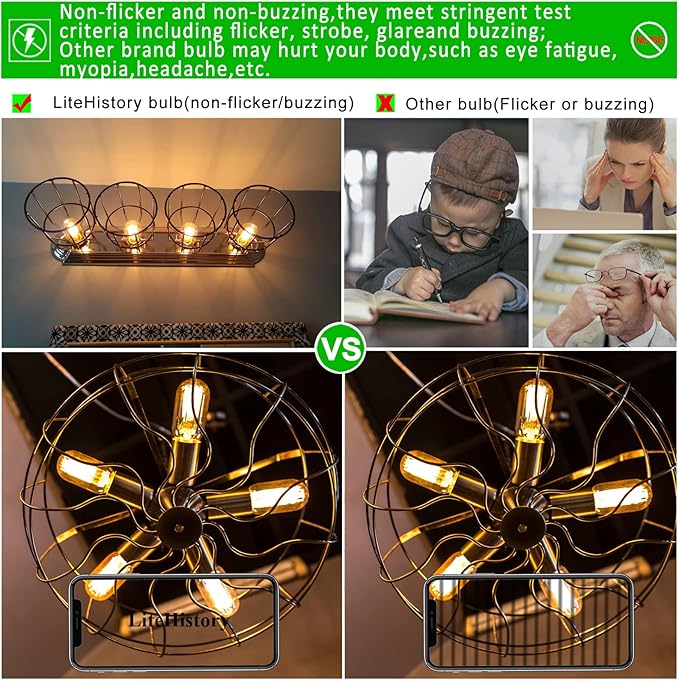 LiteHistory E26 LED Bulb 6W Equivalent E26 Bulb 60 watt Warm White 2200K Amber E26 Edison Bulb dimmable AC120V 400lm Tubular T14 T45 LED Bulb for Pendant, Sputnik,Vanity,Wall sconces Pack of 6 - Bloomnest