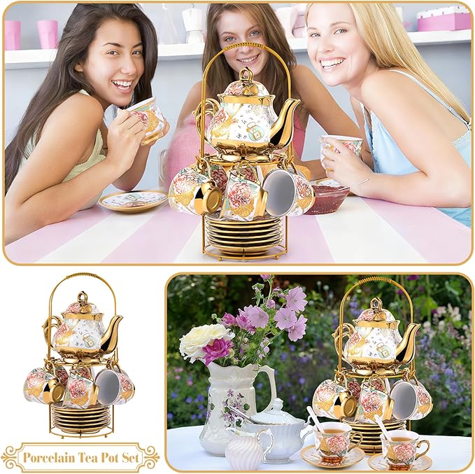20 Pcs Porcelain Tea Set for Women, Vintage Teapot Set with Metal Holder and Spoons European Ceramic Flower Tea Sets for Home Family Gathering Tea Party - Bloomnest